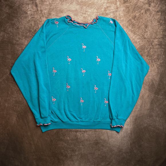 Vintage 90s Hanes Flamingo Bird Embroidered Sweatshirt Ruffled Neck Blue Pink - Picture 1 of 11